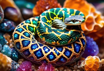 Fototapeta premium serpentine snake coiled vibrant cluster geodes, twisting, reptile, colorful, group, crystals, rocks, curving, bright, bunch, minerals, winding, lively