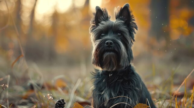 A cute black cairn terrie dog with a beard is sitting in the woods, looking at the camera