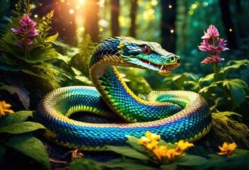 Obraz premium mysterious serpent among enchanted woods, snake, secret, mystical, forest, nature, wildlife, reptile, hidden, magical, lush, green, foliage, slithering