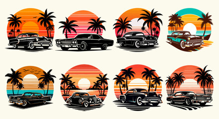 car with sunset and retro-style palm vector t shirt design