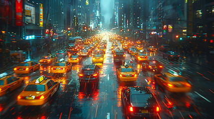 Picture a crowded downtown street scene 