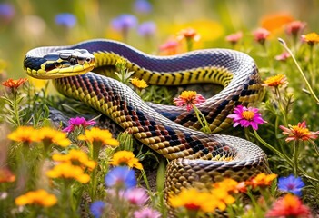 sinuous snake slithering amidst colorful wildflowers meadow, serpent, reptile, crawling, nonvenomous, slim, graceful, grassland, field, grass, grassy, blooms