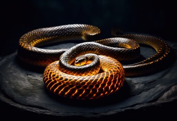 Obraz premium sinuous snake coiling illuminated runic stone dark setting, glowing, shining, radiant, bright, luminous, shimmering, sparkling, gleaming, dimly, dim