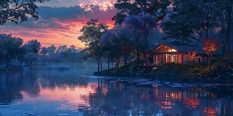 Fototapeta premium Serene lofi-inspired lakeside cottage surrounded by a tranquil natural landscape. Relaxation and atmosphere concept