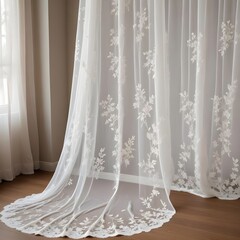 White lace curtain with intricate floral embroidery and sheer, gossamer-like qualities