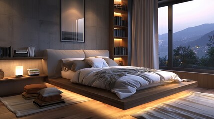 A contemporary bedroom with a platform bed, luxurious linens, a cozy reading nook by the window, and soft, ambient lighting.