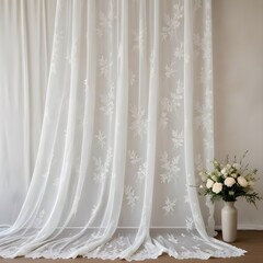 White lace curtain with intricate floral embroidery and sheer, gossamer-like qualities