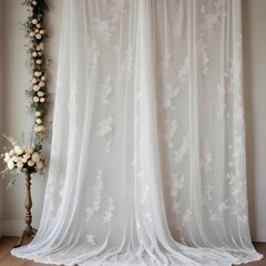 White lace curtain with intricate floral embroidery and sheer, gossamer-like qualities