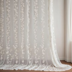 White lace curtain with intricate floral embroidery and sheer, gossamer-like qualities
