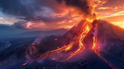 A fiery volcano erupts amid a tranquil mountain landscape at sunset.
