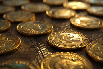 pile of gold coins stacked on the table