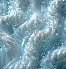 3D illustration of white woven fabric with water droplets floating above it, the background is light blue and white, top view.