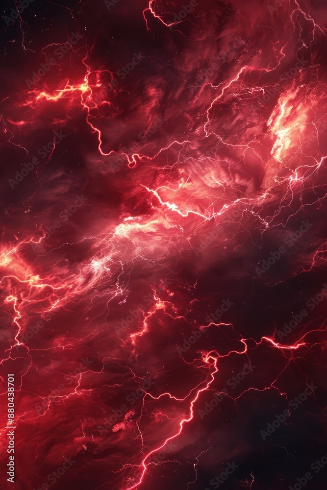 Poster a dramatic red and black background with lightning illuminating the darkened sky
