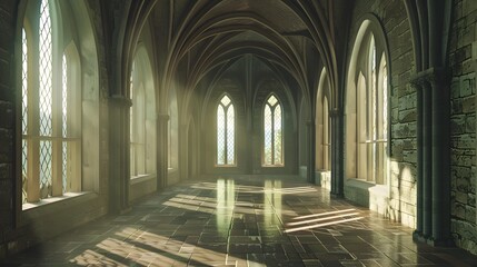 Obraz premium Futuristic Medieval Abbey with Radiant Stained Glass and Digital Architectural Elements