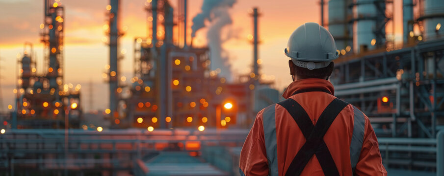 An energy engineer standing and looking at a large industrial plant that produces electricity. Ai generate.