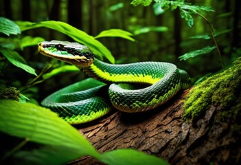 sneaky snake blending into lush green forest canopy, camouflaged, dense, verdant, foliage, wildlife, reptile, hidden, concealment, jungle, slithering