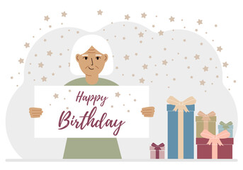 A woman holds a card with a happy birthday in his hands. Vector flat illustration