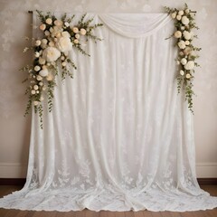 Vintage-inspired white lace backdrop with ornate, hand-stitched floral designs and a soft, romantic feel