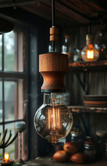 Wooden Pendant Light In Interior. A close-up of a wooden pendant light hanging in a rustic interior, with a large Edison bulb illuminated.