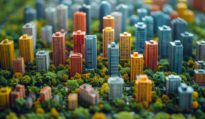 Obraz premium Colorful City Model With Green Trees. A close-up view of a miniature city model, showcasing colorful buildings surrounded by lush greenery.