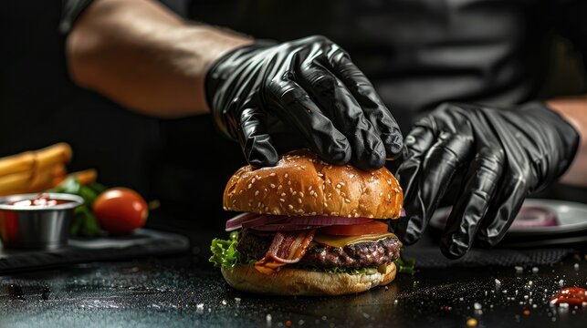 Chef wearing black gloves preparing a burger lying flat on a black background with copy space
