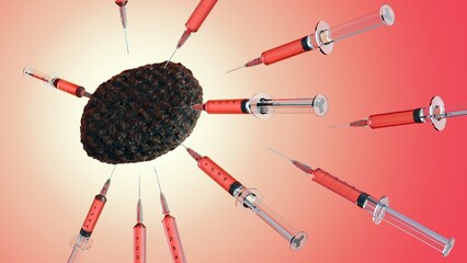 A 3D rendering depicts a raw beef patty undergoing injection with multiple syringes. This likely represents testing for foodborne pathogens or the use of preservatives in meat.