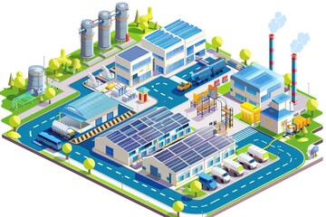 eco factory with solar cells and waste water treatment and hydrogen power plant