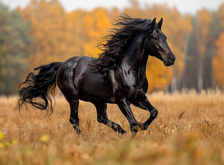 Black Horse Running Through Autumn Field. A black horse gallops through tall grass, mane and tail flowing in the wind.