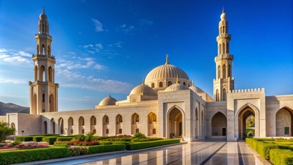 Majestic Islamic architecture with intricate arches, domes, and minarets set against a serene, cloudless blue sky in Muscat, Oman.