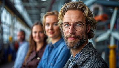 Fototapeta premium Man With Glasses Smiles at Camera in Industrial Setting. A man with glasses and a beard smiles at the camera while standing with colleagues in an industrial setting.