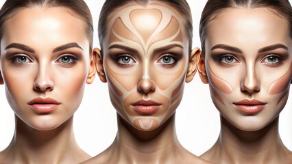 Close-up illustration of step-by-step sculpted contouring process on a blank face template enhancing facial features with shading and highlighting techniques.