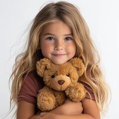 Happy child hugging teddy bear on white background caucasian little girl of 5-6 years in red looking at camera. Made with generative ai