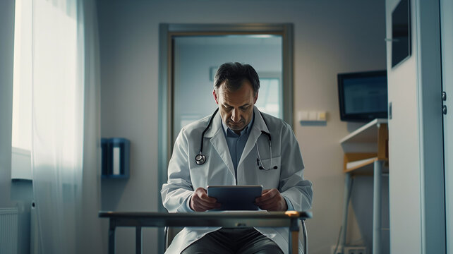 A doctor reviewing patient records on a digital tablet in a brightly lit clinic room. Ai generated