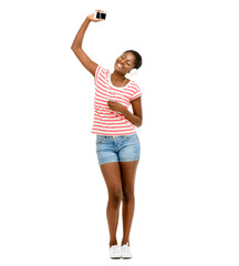 Dance, music and happy black woman in studio for streaming subscription, playlist and radio. Relax, headphone and isolated person with smartphone listening to audio, song or track on white background