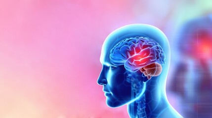 Human head with brain highlighted in blue and red illustrating healthcare and headache concept