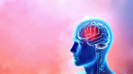 Human head with brain highlighted in blue and red illustrating healthcare and headache concept