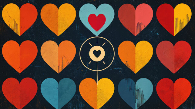 Colorful abstract heart patterns against a dark background, showcasing a vibrant and artistic representation of love and emotions.