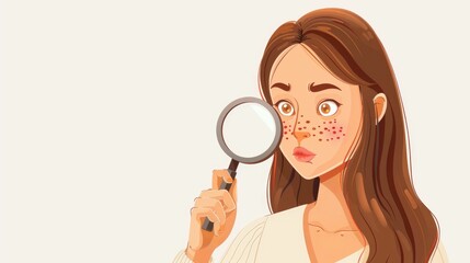Illustration of woman examining face with magnifying glass, focusing on skin imperfections and acne for skincare concept.
