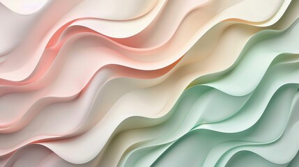 Obraz premium Soft pastel wavy abstract background with flowing lines in shades of pink, cream, and green, perfect for design projects and backgrounds.