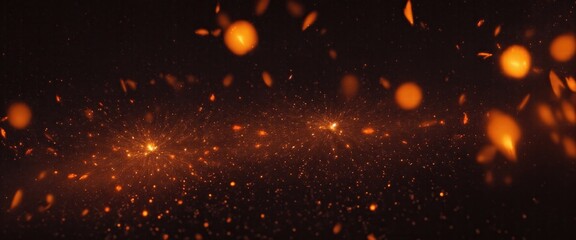 Fototapeta premium Fire embers particles over Orange background, Abstract dark glitter fire particles lights