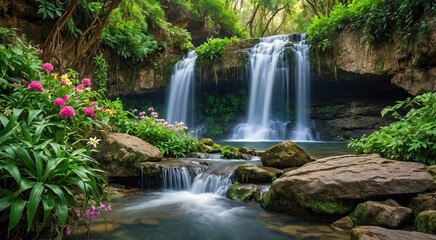 Craft a mystical waterfall scene with flowers and vines cascading down the rocks, surrounded by lush greenery