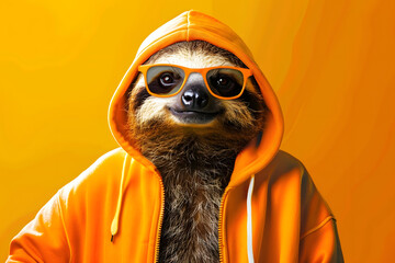 Fototapeta premium generative ai illustration of cool sloth in an orange hoodie and trendy sunglasses poses confidently against a bright yellow background