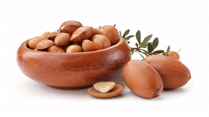 Argan seeds used for organic skincare and medicine, isolated on a white background.