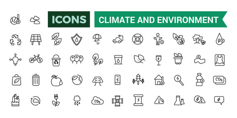 Climate and Environment icons set. Outline icons pack. Editable vector line icon set and illustration for web and UI application.