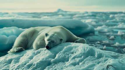 Close-up of a polar bear lying on an iceberg floating in the cold sea. Wild animal resting in its natural habitat. Winter landscape. Wildlife concept.