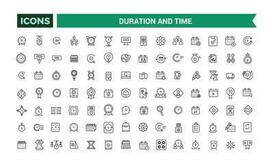 Duration and Time icons set outline vector.Outline icons pack. Editable vector line icon set and illustration for web and UI application.