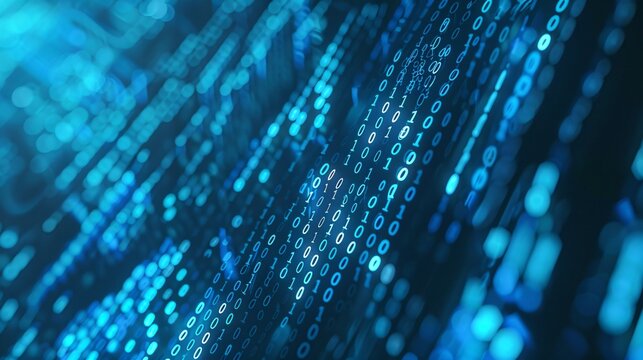 Digital coding background featuring binary data and machine code in a random matrix.