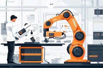 Entrepreneur developed a factory that produces robots for the AI processing industry using artificial intelligence on a blank background.