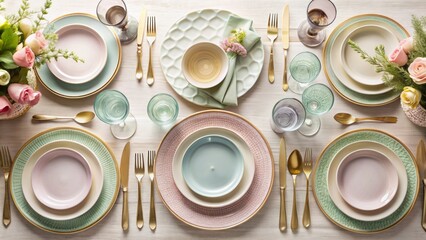 Pastel-colored table setting with empty plates, utensils, and a clean tablecloth, providing ample copy space, viewed from directly above.
