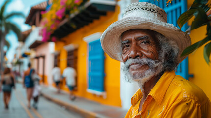 A portrait of a dark-skinned man in a straw hat walks along the streets of a sunny European town. Adult tourist enjoying vacation outdoors. Travel and vacation concept.